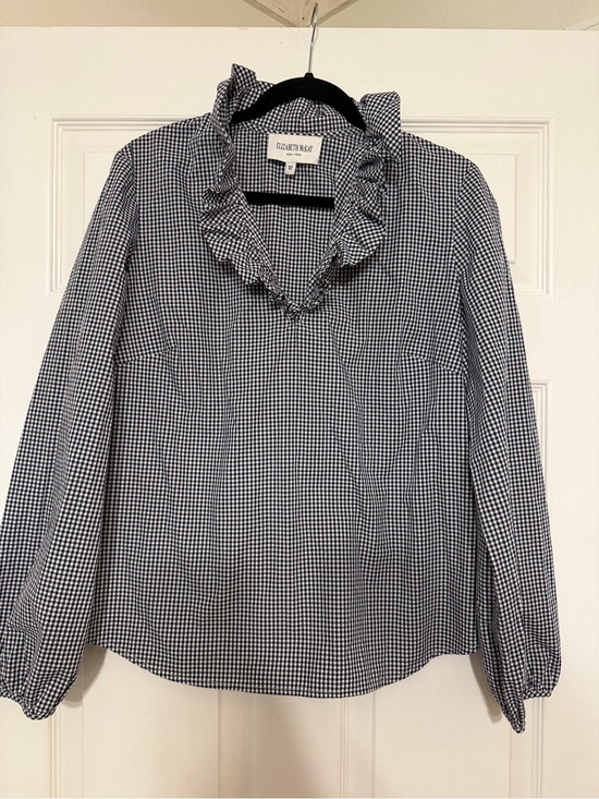 Elizabeth McKay Tops - Elizabeth McKay Navy & White Gingham Ruffle V-Neck Blouse